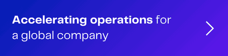 Text "Accelerating operations for a global company" on a purple gradient background with an arrow.