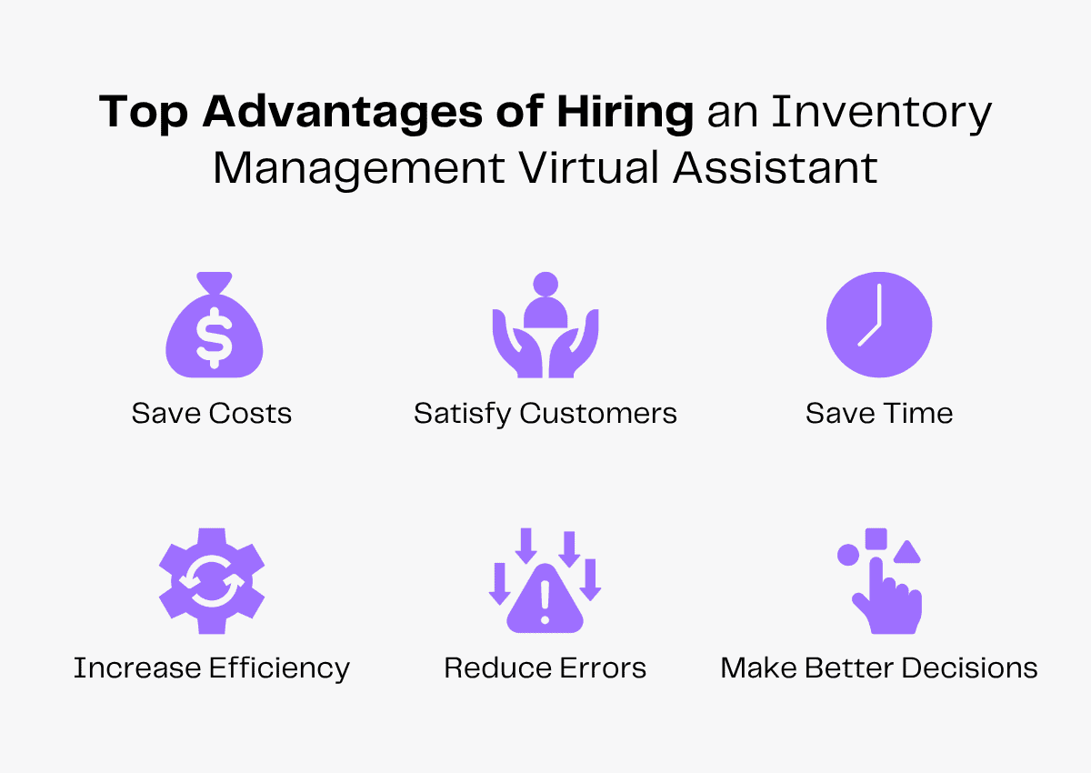 Top advantages of hiring an inventory management virtual assistant: save costs, satisfy customers, save time, increase efficiency, reduce errors, make better decisions.