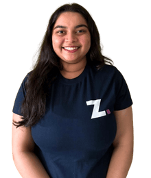 Smiling woman wearing a dark blue Z-logo t-shirt
