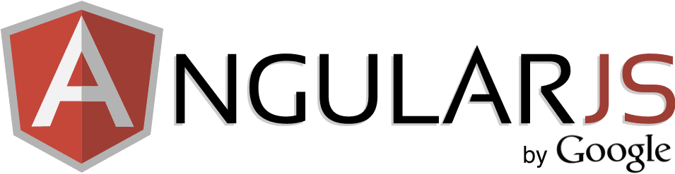 AngularJS logo, a red shield with a white 'A' and the text "AngularJS by Google