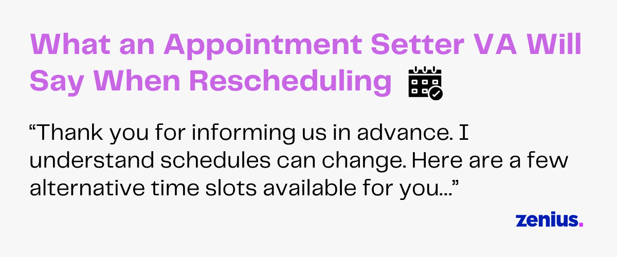Text: "What an Appointment Setter VA Will Say When Rescheduling" with a calendar icon.