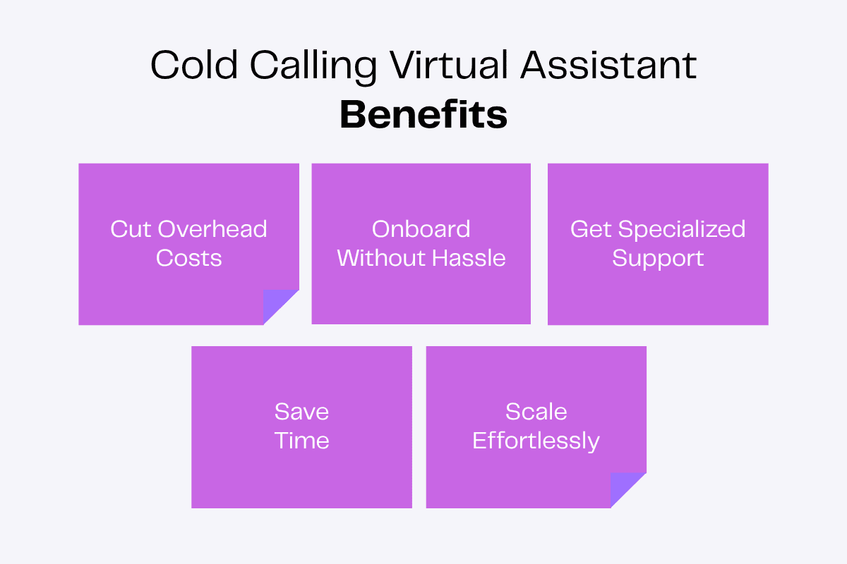 Infographic listing the benefits of a cold calling virtual assistant: cut overhead, onboard without hassle, specialized support, save time, scale effortlessly.