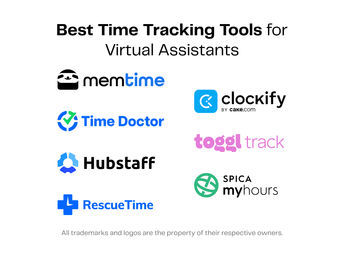 Logos of popular time tracking tools for virtual assistants: Memtime, Time Doctor, Hubstaff, RescueTime, Clockify, Toggl Track, Spica MyHours.