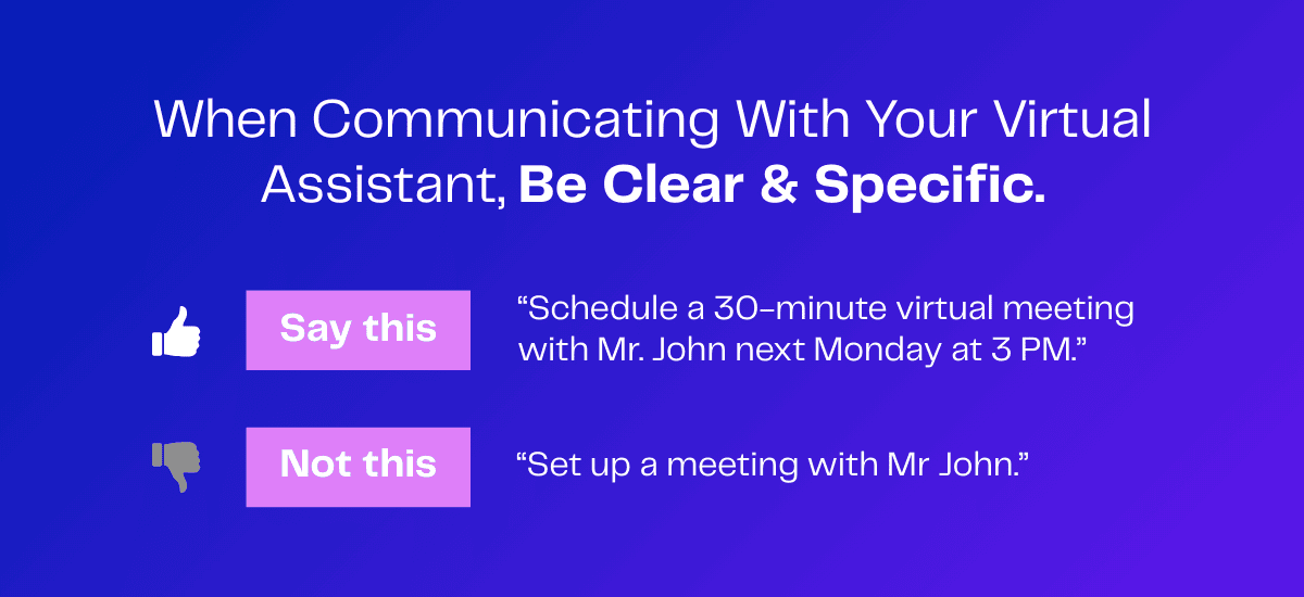 Thumbs up and down next to text advising clear communication with virtual assistants. Example phrases show effective and ineffective communication.