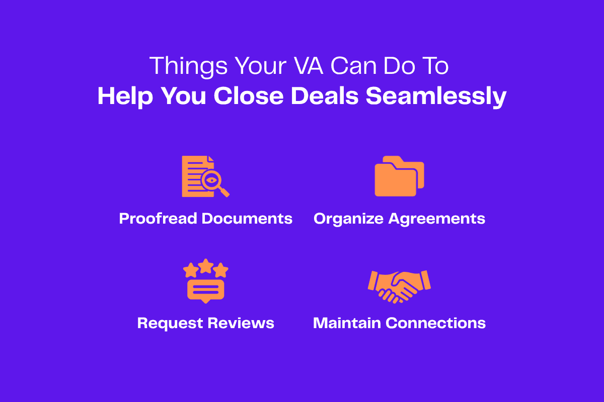 Infographic: Four ways a virtual assistant (VA) helps close deals: proofreading documents, organizing agreements, requesting reviews, and maintaining connections.