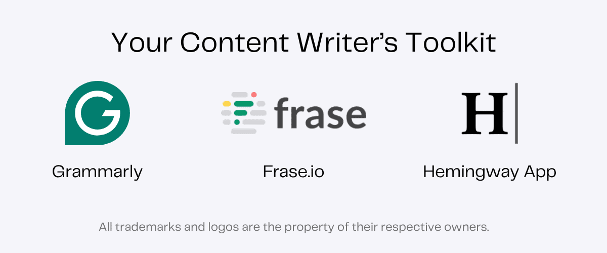Content writer's toolkit: Grammarly, Frase.io, and Hemingway App logos