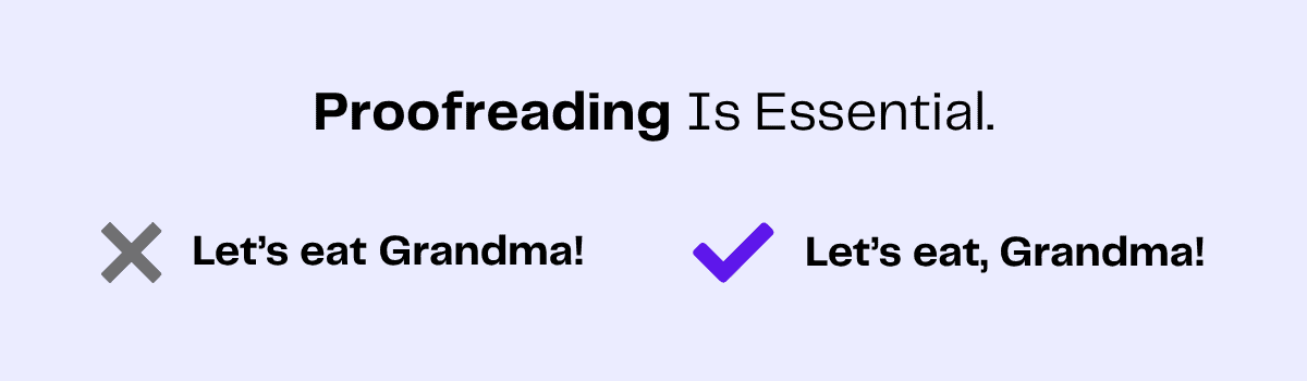 Proofreading example: Correcting "Let's eat Grandma!" to "Let's eat, Grandma!