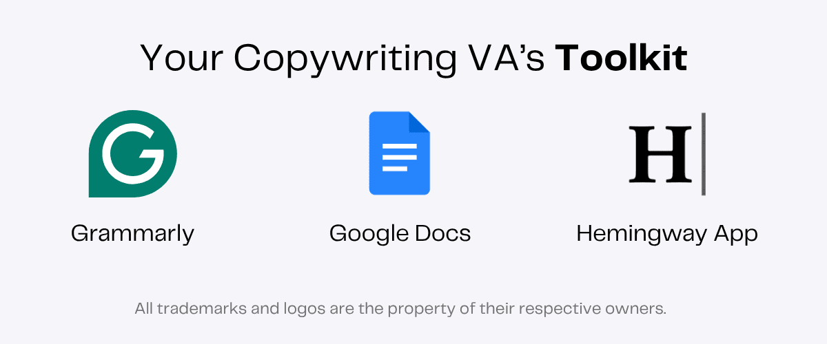 Copywriting tools for virtual assistants: Grammarly, Google Docs, and Hemingway App logos.