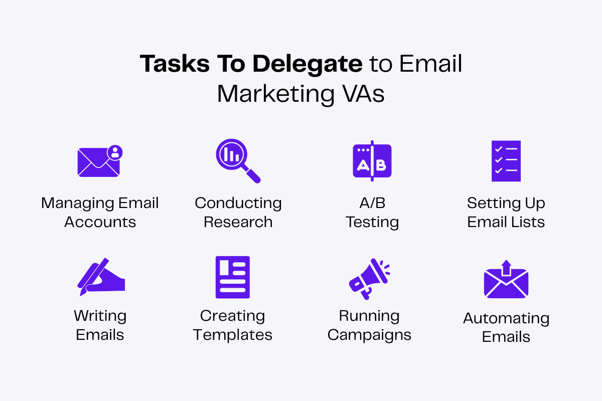 Infographic: 8 email marketing tasks to delegate to VAs. Includes managing accounts, research, A/B testing, and more.