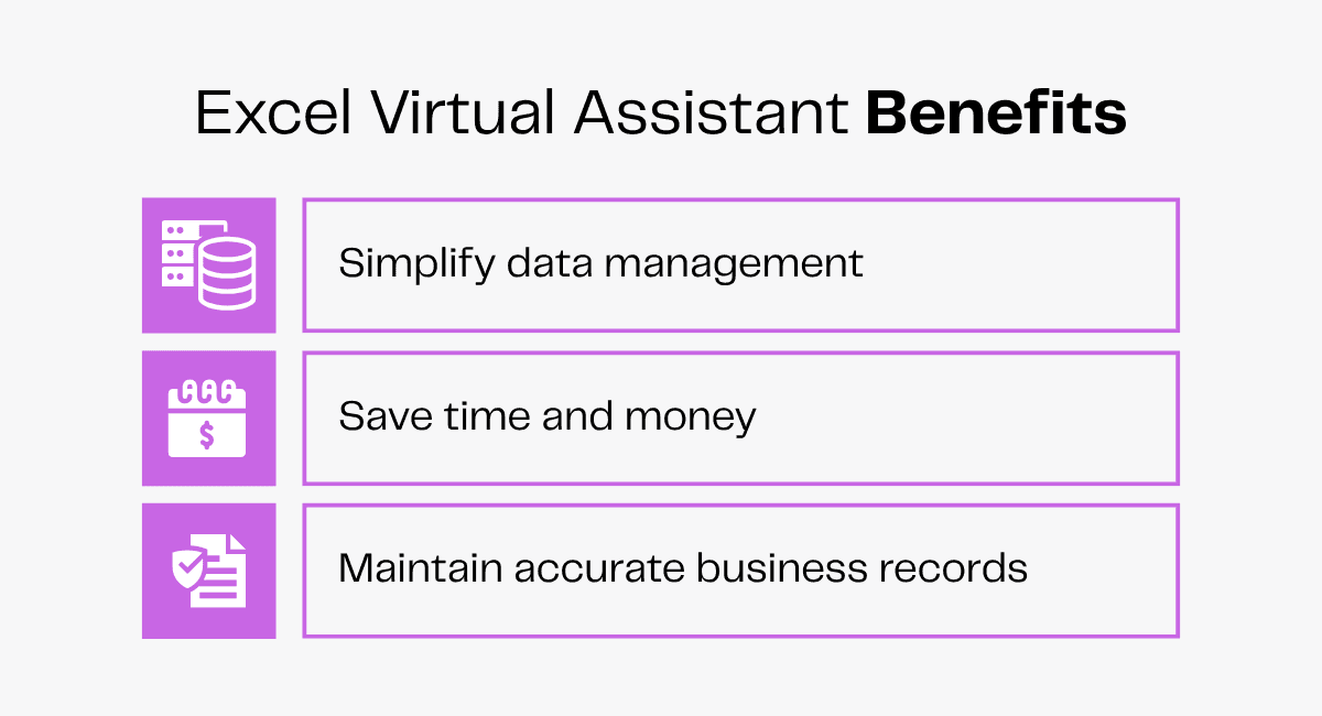 Excel Virtual Assistant Benefits: Simplify data, save time, maintain records.