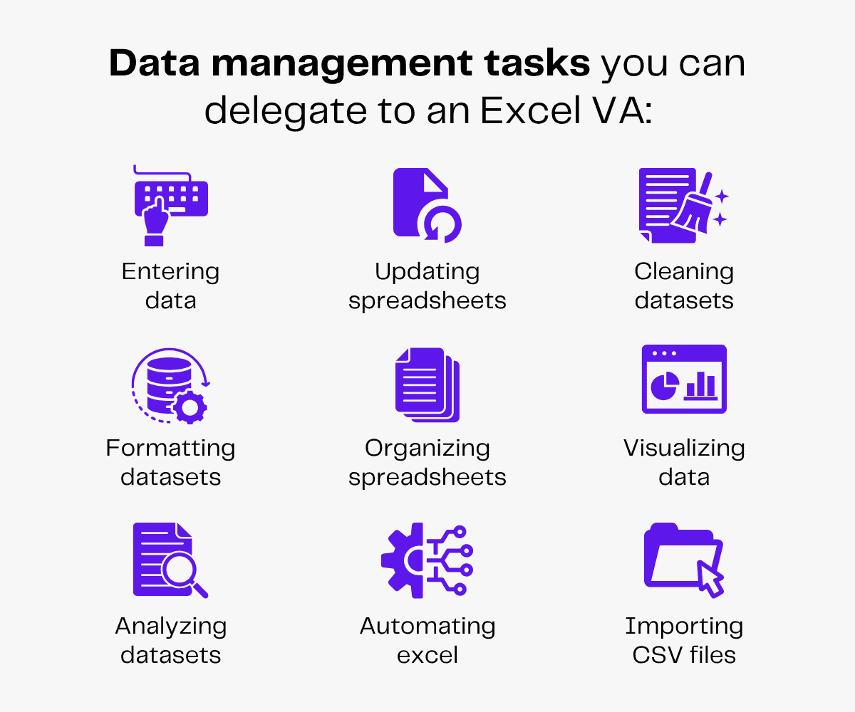 Excel VA tasks: Data entry, cleaning, formatting, organizing, analyzing, automating, and importing CSV files.