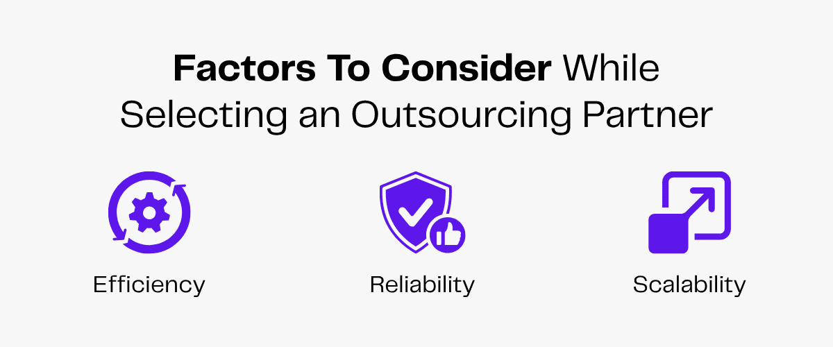 Factors to consider when selecting an outsourcing partner: Efficiency, Reliability, Scalability.
