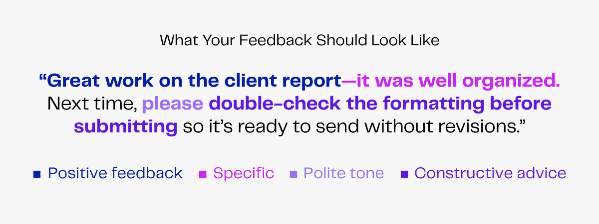 Feedback example: "Great work on the client report—it was well organized. Next time, please double-check the formatting before submitting.