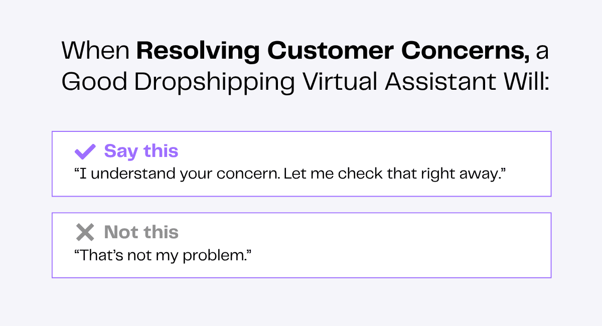 Dropshipping virtual assistant handles customer complaints patiently: "I understand your concern. Let me check that right away.
