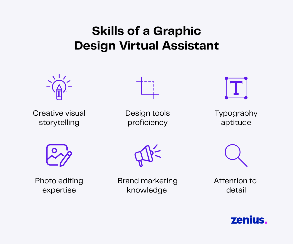 Graphic Design Virtual Assistant skills including storytelling and brand marketing
