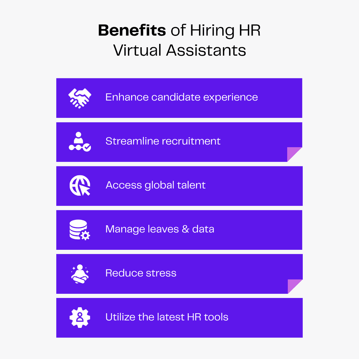 Benefits of hiring HR virtual assistants: enhance candidate experience, streamline recruitment, access global talent, manage leaves, reduce stress.