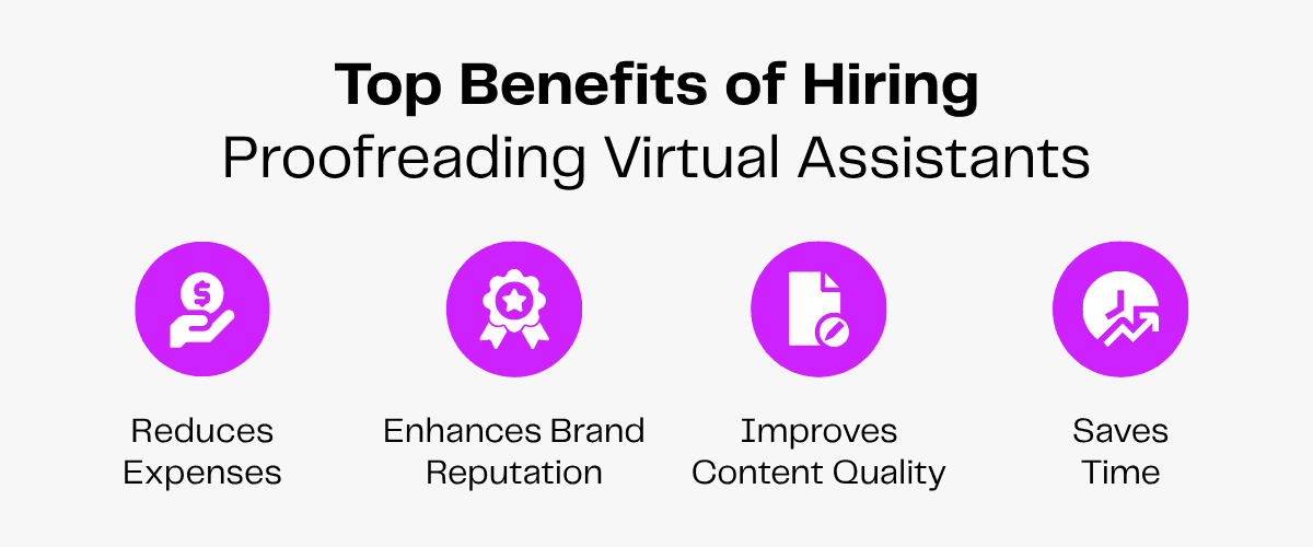 Top benefits of hiring proofreading virtual assistants: reduces expenses, enhances brand reputation, improves content quality, saves time