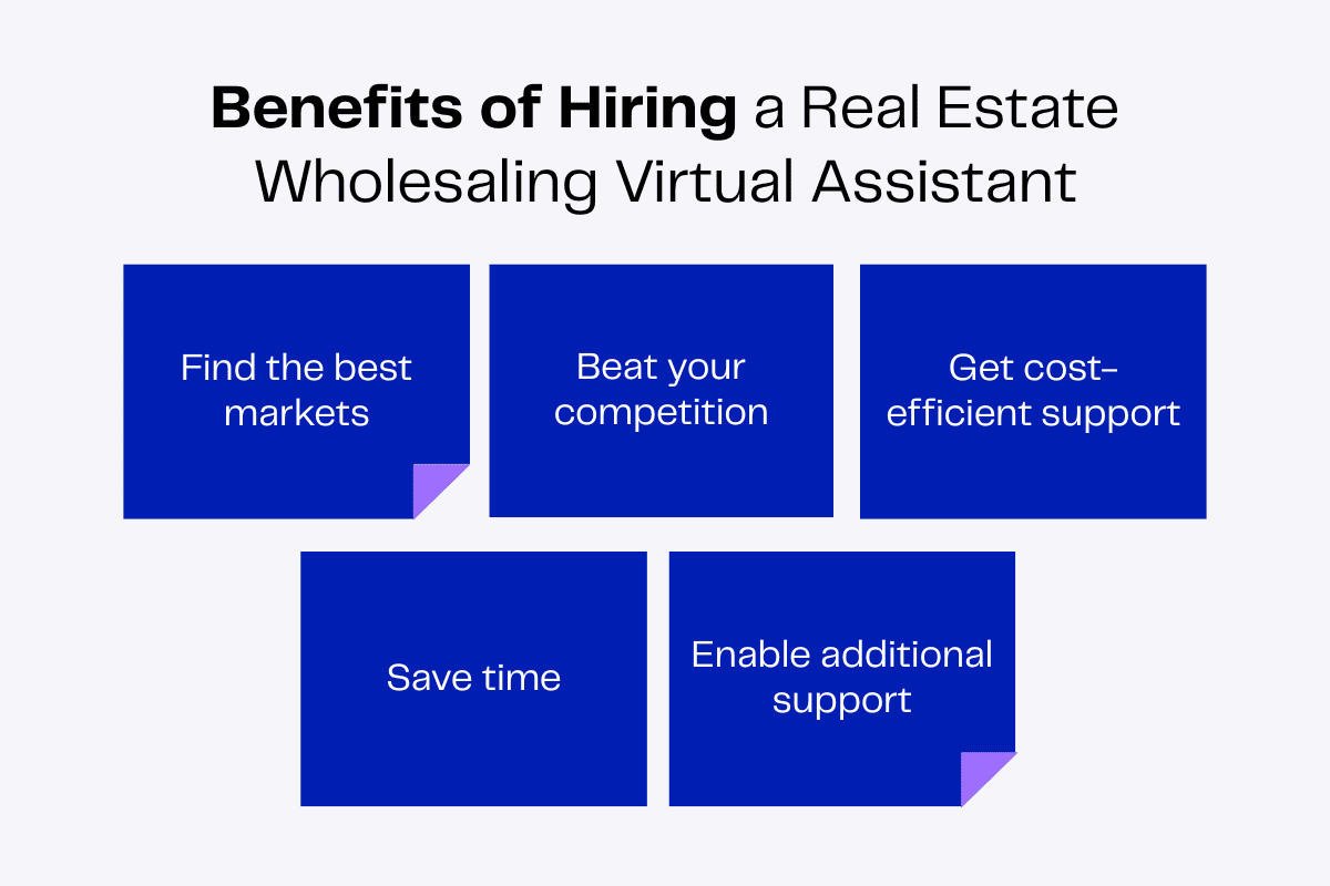 Benefits of hiring a real estate wholesaling virtual assistant: find markets, beat competition, save time.