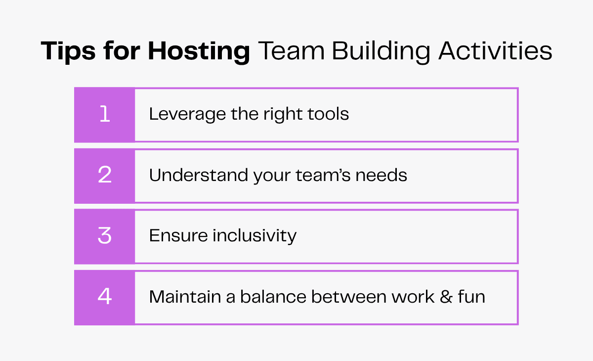 Tips for hosting team building activities: leverage tools, understand needs, ensure inclusivity, balance work & fun.