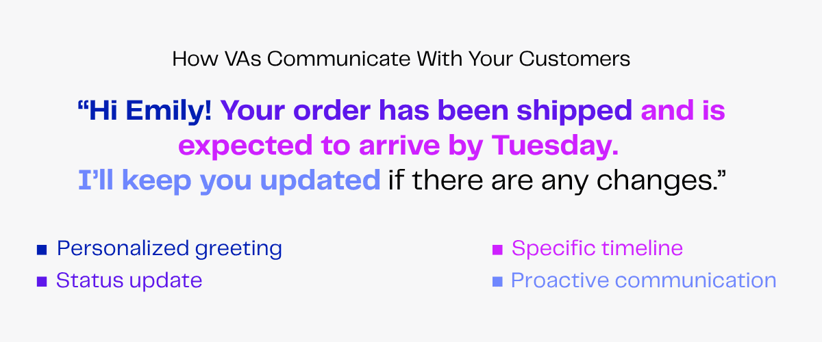 Example of VA communication: "Hi Emily! Your order has been shipped and is expected to arrive by Tuesday. I'll keep you updated.