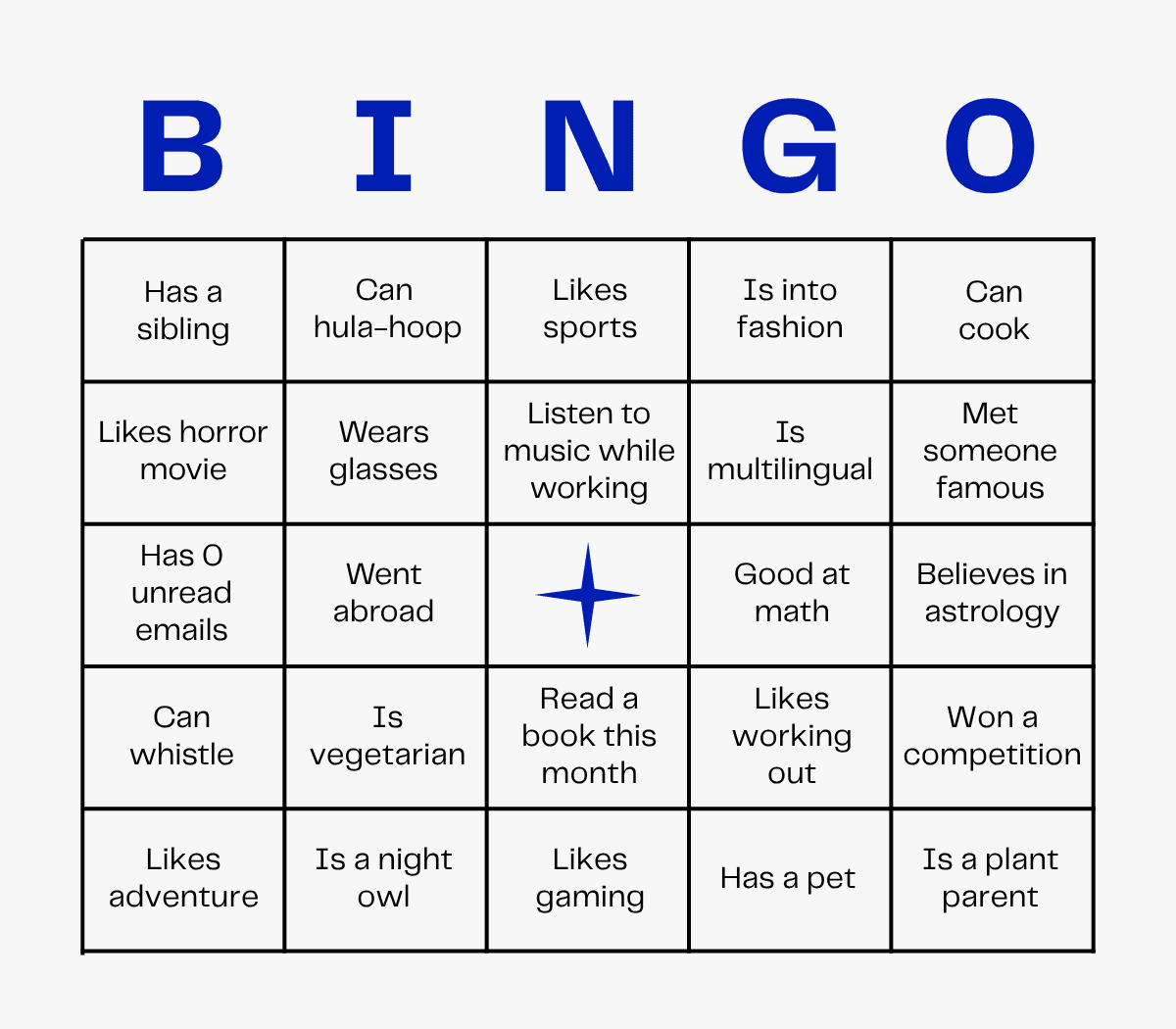 Icebreaker Bingo card with various prompts, including "Likes sports" and "Is multilingual.