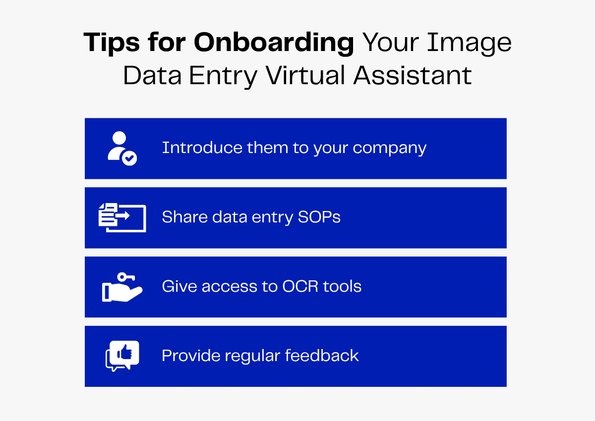 Tips for onboarding an image data entry virtual assistant: company intro, SOPs, OCR tools, feedback.