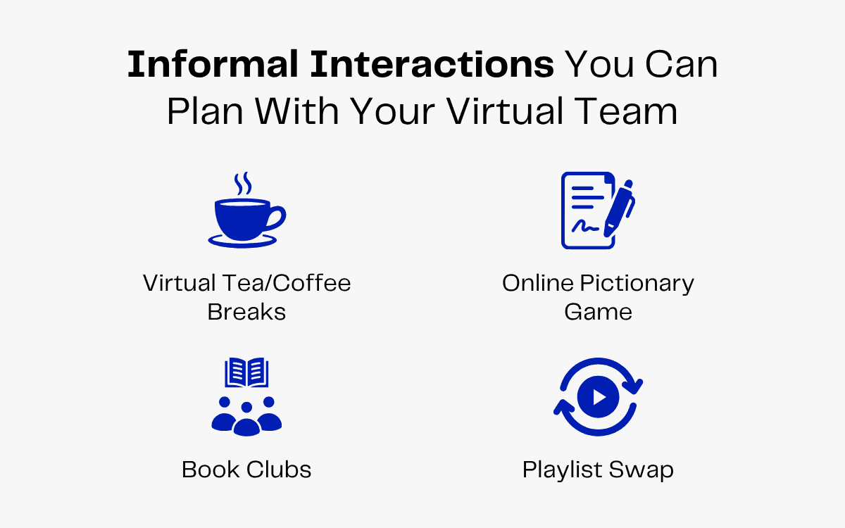 Informal virtual team interaction ideas: tea breaks, Pictionary, book clubs, playlist swap.