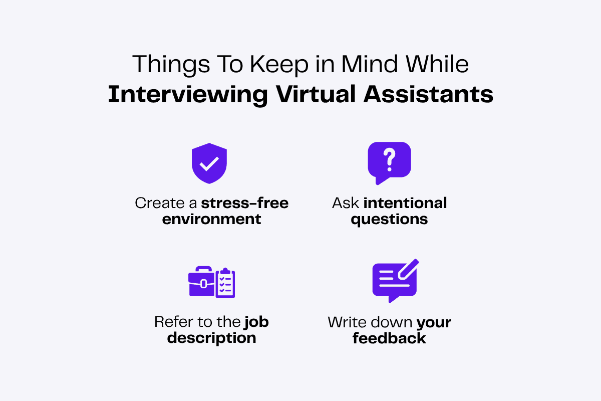 Infographic: Tips for interviewing virtual assistants. Key points include creating a stress-free environment, asking intentional questions, referring to the job description, and writing down feedback.