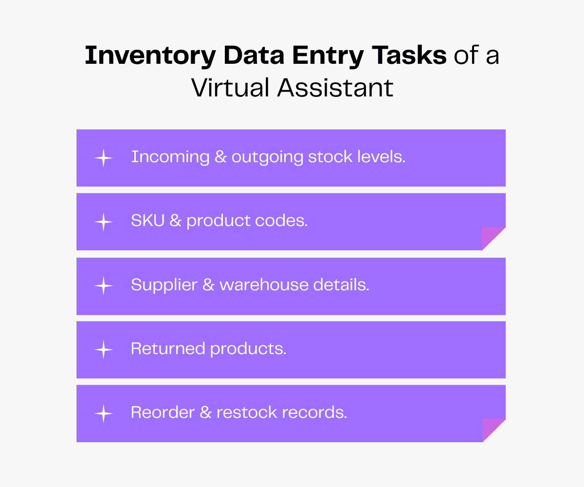 Inventory data entry tasks for virtual assistants: stock levels, SKUs, supplier details, returns, restock records.