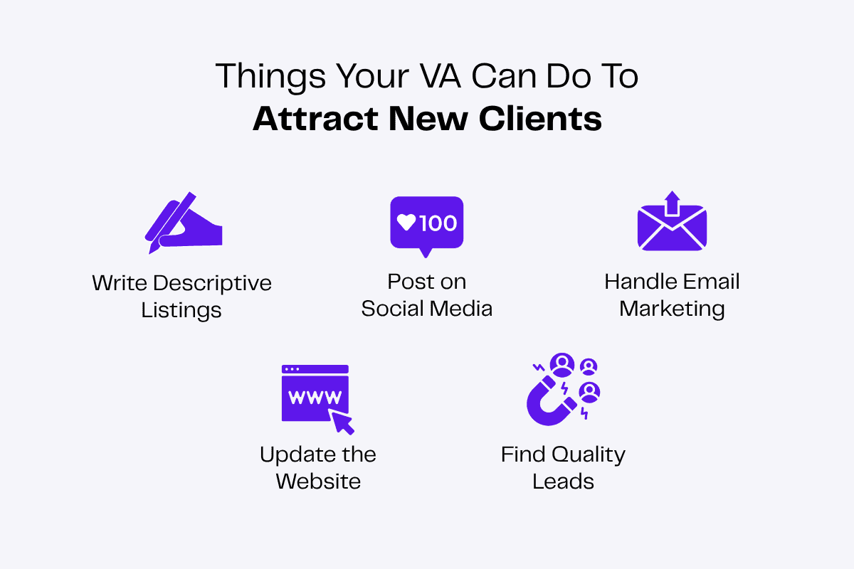 Infographic: 5 ways a VA helps attract new clients. Includes social media, email marketing, website updates, lead generation, and descriptive listings.