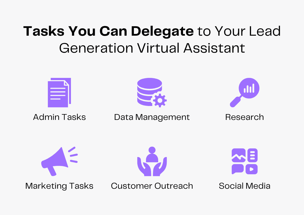 Tasks a lead generation virtual assistant can handle: admin, data management, research, marketing, customer outreach, and social media.