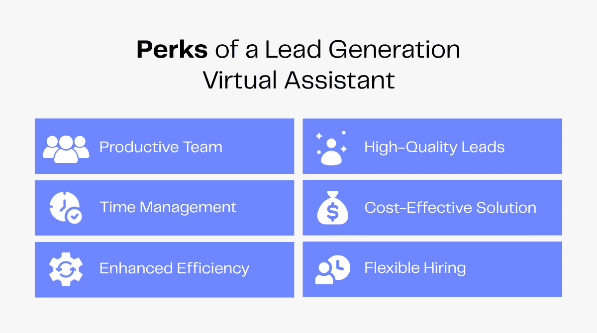Lead generation virtual assistant perks: productive team, time management, high-quality leads, cost-effective, efficient, flexible hiring.