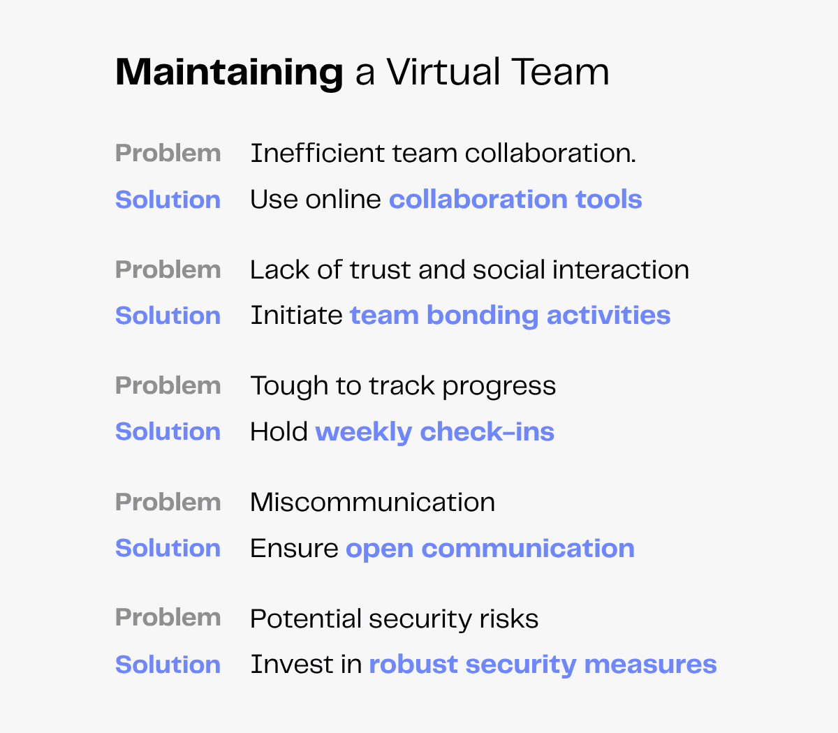 Maintaining a Virtual Team: Problem and Solution list for team collaboration, trust, progress, communication, and security.