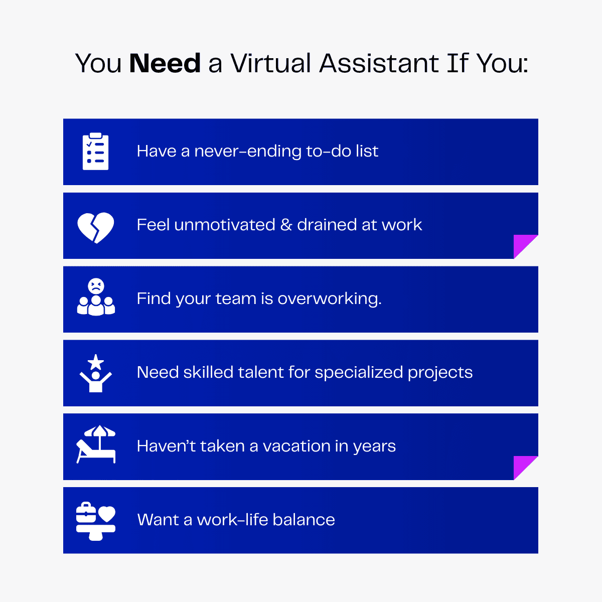 Infographic: 6 reasons you need a virtual assistant. Includes icons representing workload, burnout, teamwork, specialized skills, vacation time, and work-life balance.