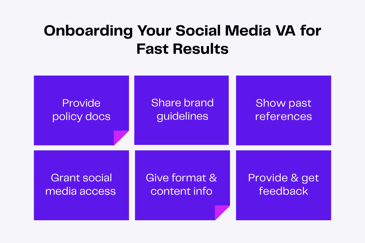 Onboarding social media VA tips in six purple blocks