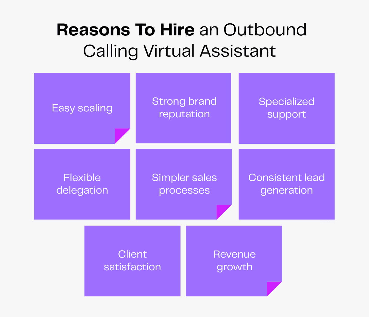 Reasons to hire an outbound calling virtual assistant: scaling, reputation, support, delegation, sales, leads, satisfaction, growth.
