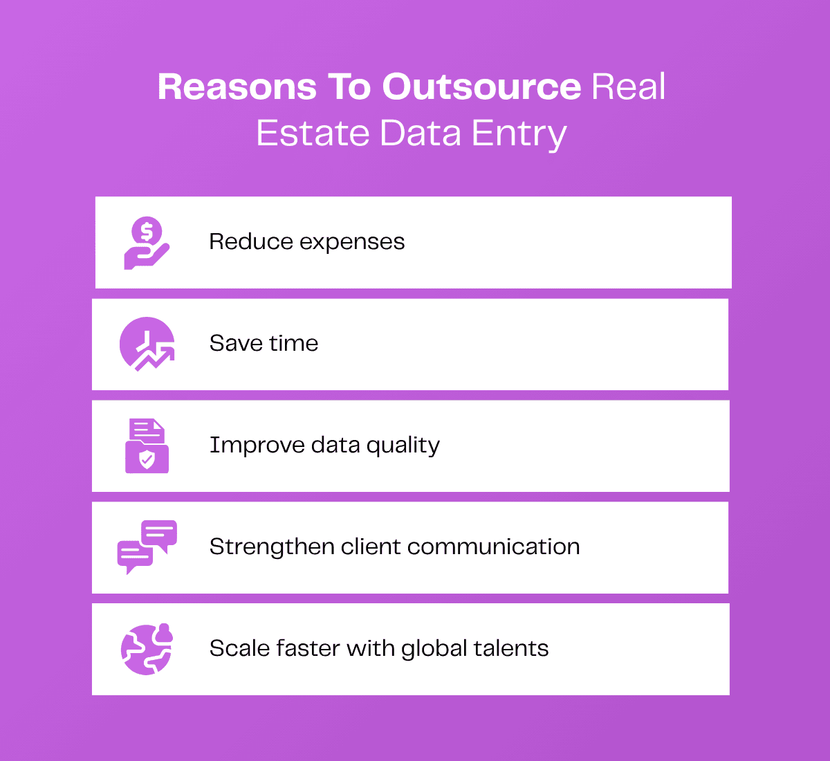 Reasons to outsource real estate data entry: reduce expenses, save time, improve quality, strengthen communication, scale faster.