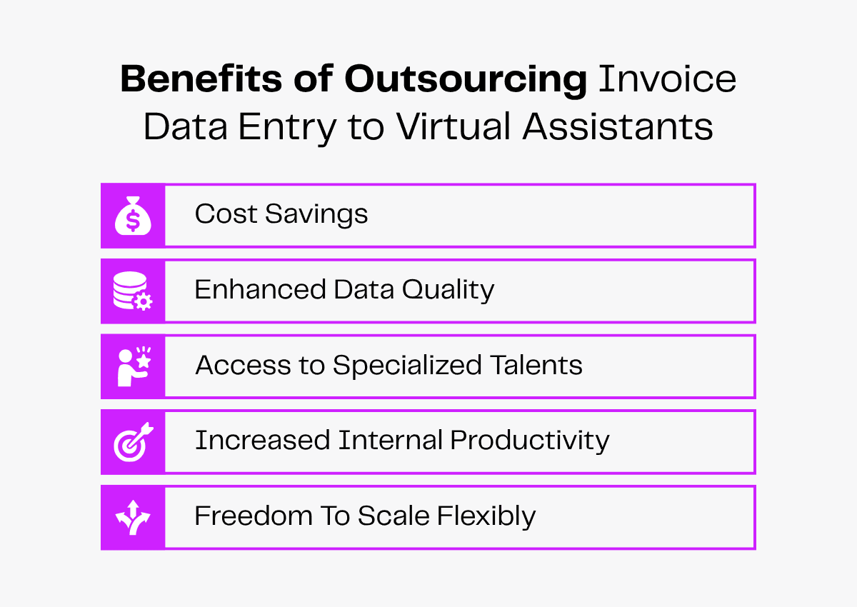 Benefits of outsourcing invoice data entry to virtual assistants: cost savings, enhanced data quality, access to talent, productivity, and scalability.