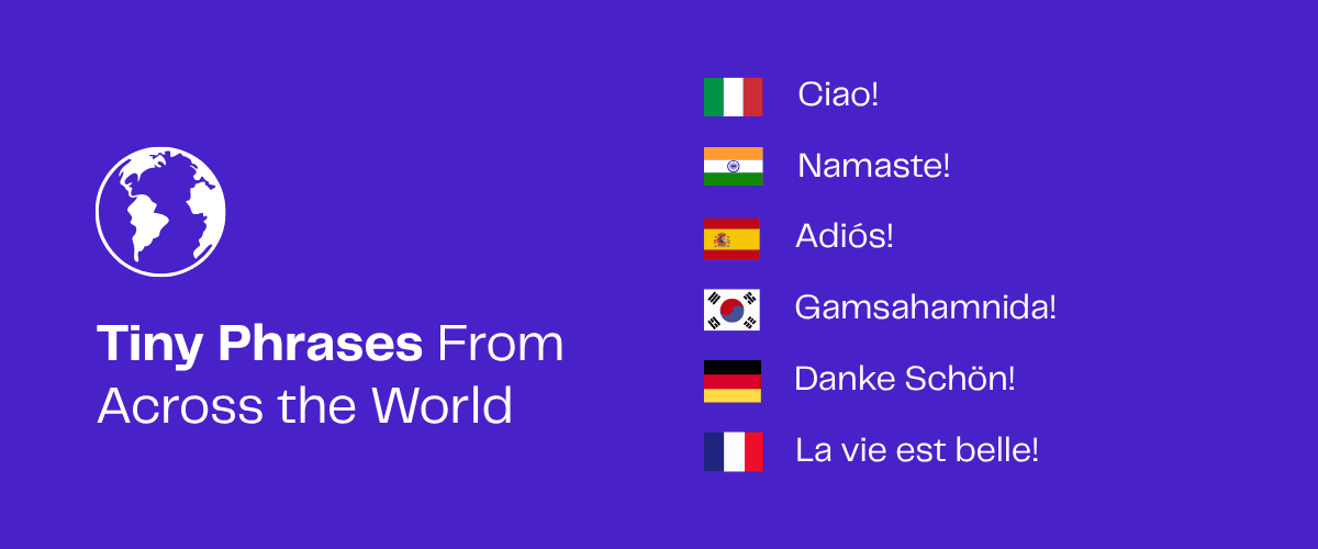 World map with greetings in Italian, Hindi, Spanish, Korean, German, and French.