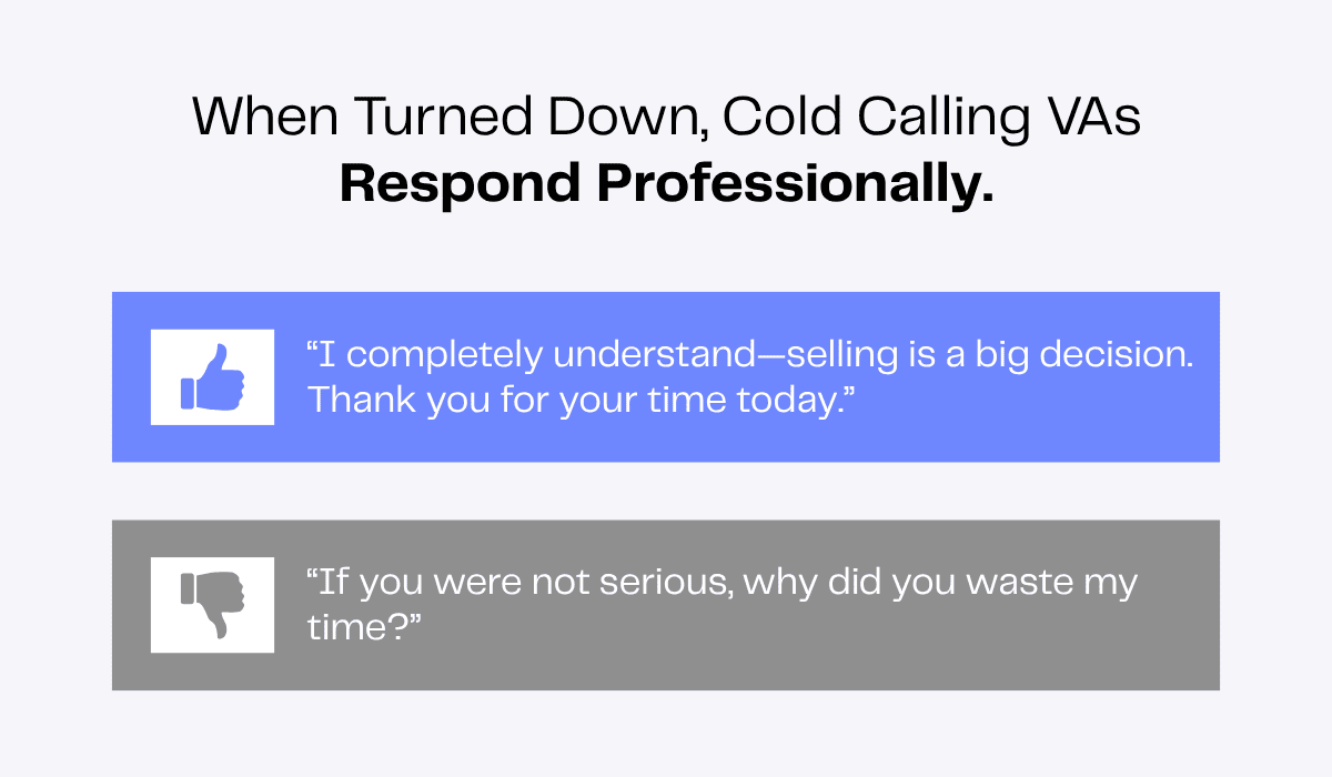 When turned down, cold calling VAs respond professionally with a polite thank you.