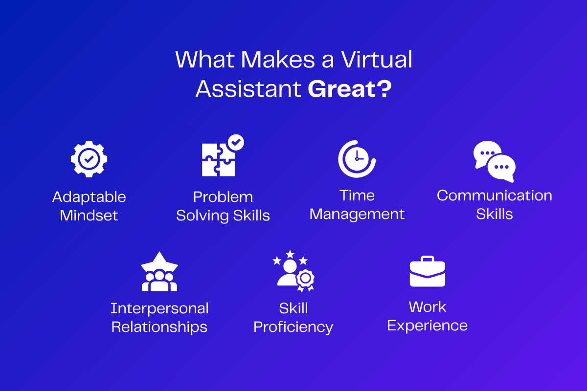 Infographic: 7 qualities of a great virtual assistant. Includes adaptable mindset, problem-solving, time management, communication, interpersonal relationships, skill proficiency, and work experience.
