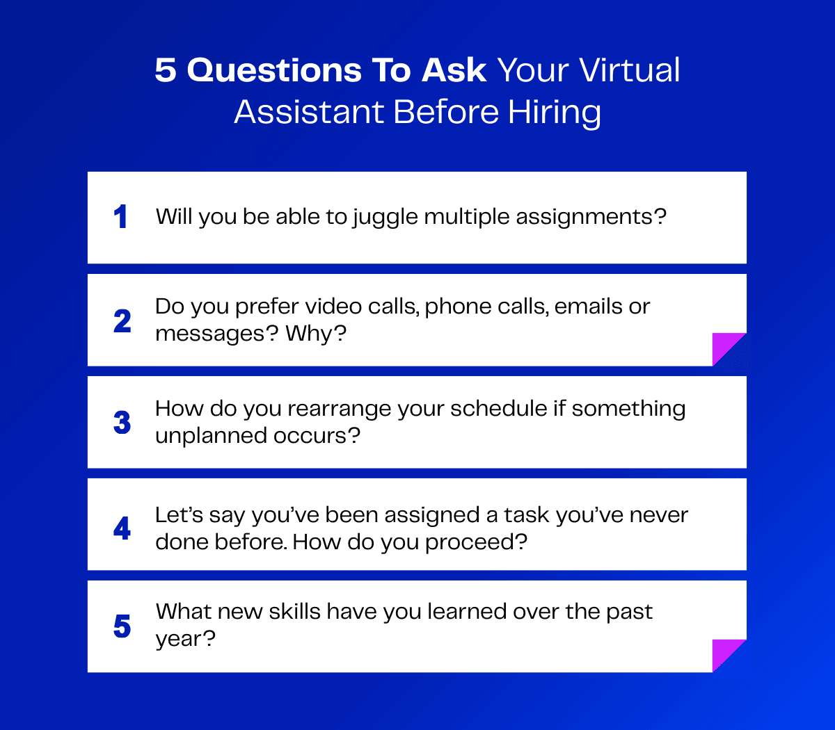 Five questions to ask a virtual assistant before hiring. Checklist includes communication, scheduling, and problem-solving skills.