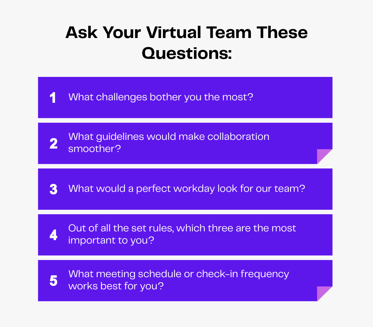 Virtual team questions: Challenges, collaboration, workday, rules, meeting schedule.