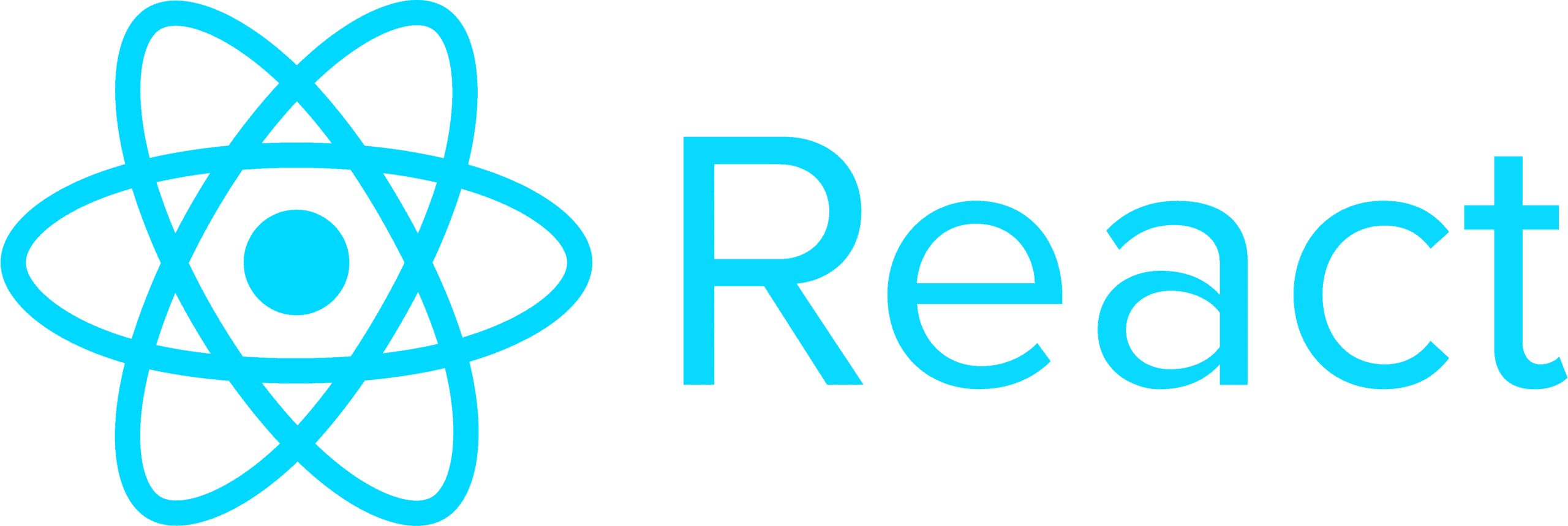 React logo: A stylized atom symbol next to the word "React" in cyan.