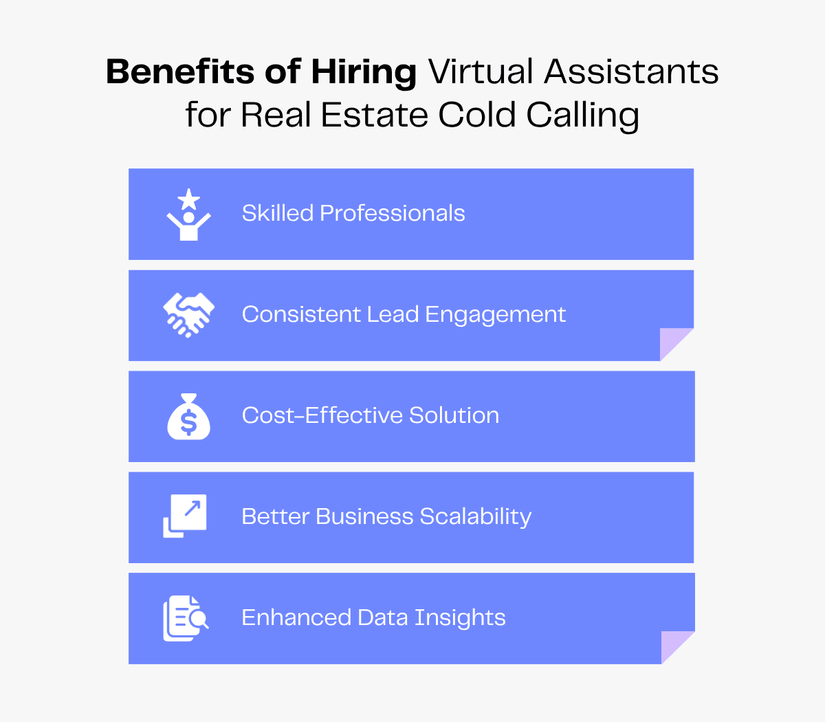 Benefits of hiring virtual assistants for real estate cold calling: skilled professionals, lead engagement, cost-effectiveness, scalability, data insights.