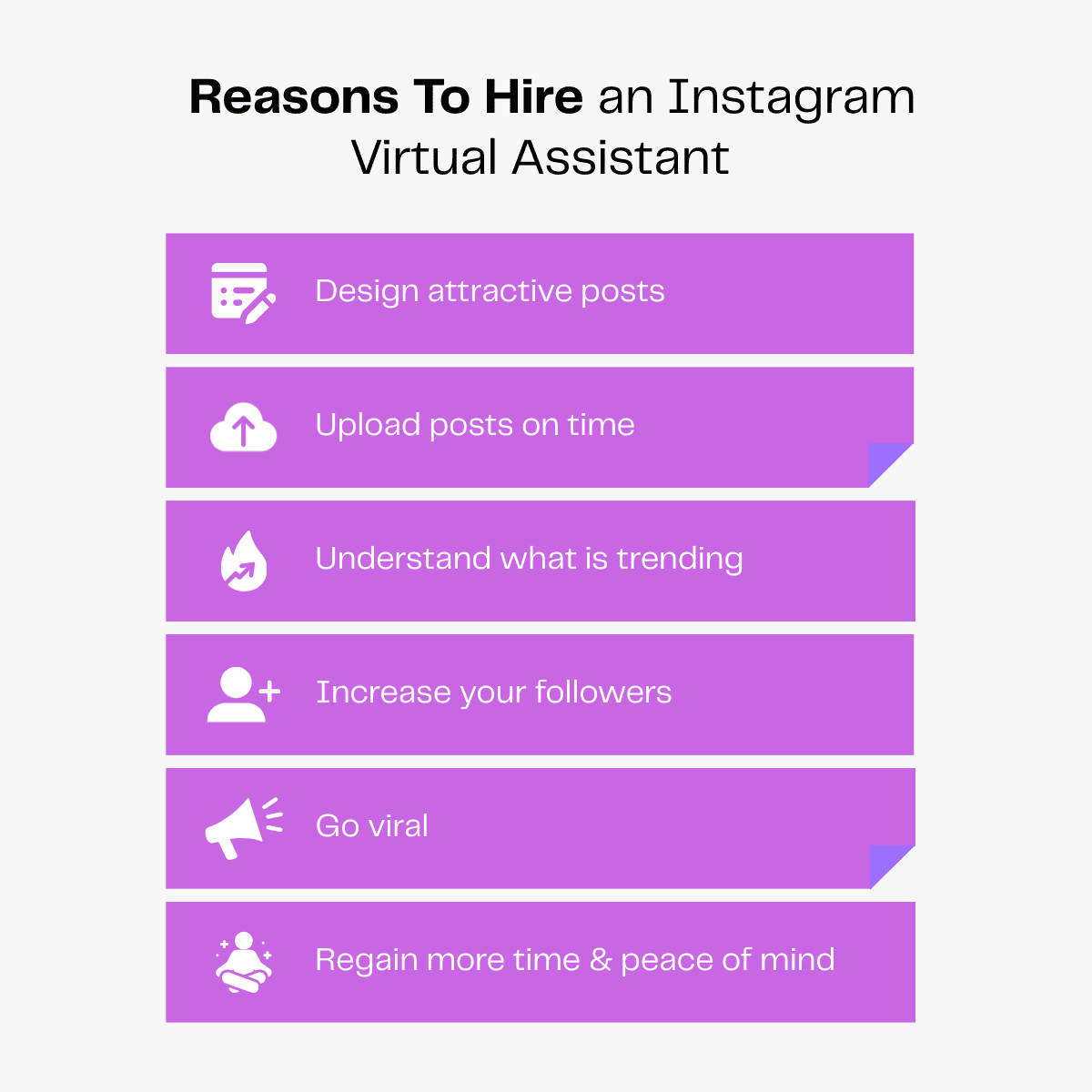 Reasons to hire an Instagram virtual assistant: design posts, upload on time, understand trends, increase followers, go viral.