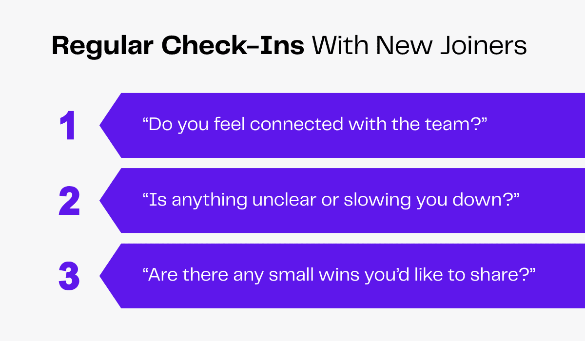 New joiner check-in questions: Team connection, clarity, and small wins sharing.