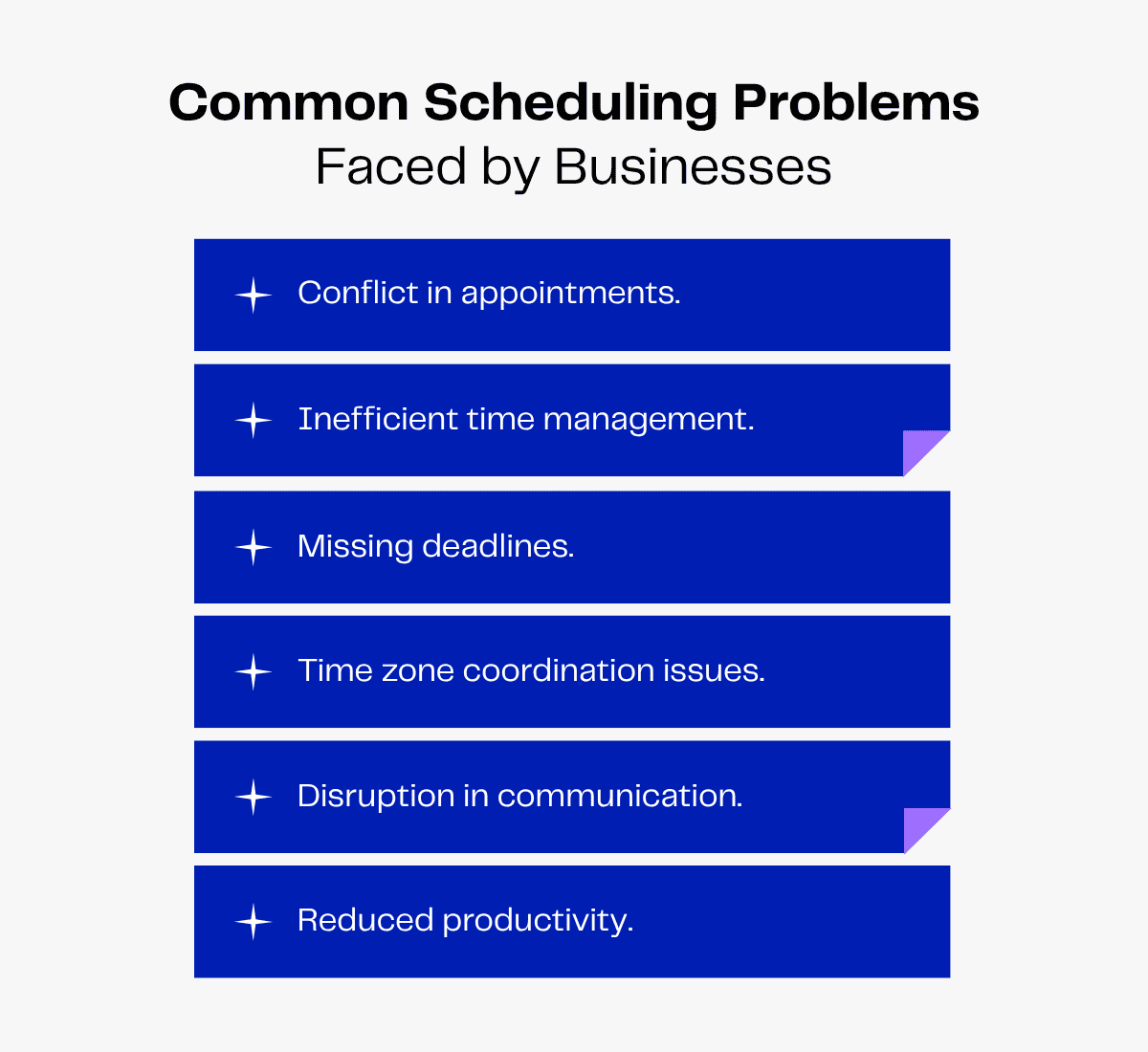 Scheduling problems businesses face: appointment conflicts, time management, missed deadlines, timezone issues, communication, reduced productivity.
