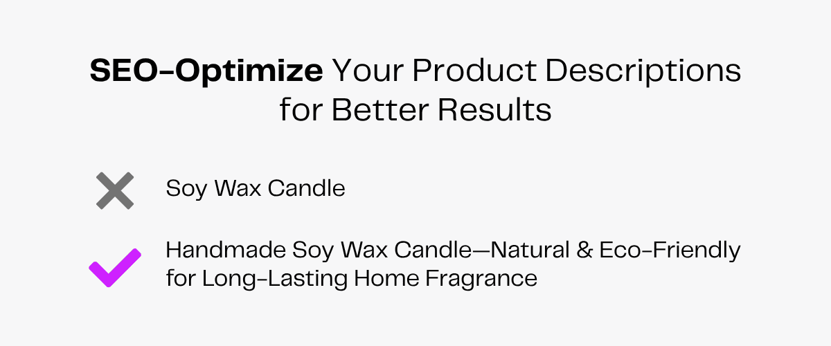 SEO-optimized product description example: Handmade soy wax candle, natural, eco-friendly, long-lasting.