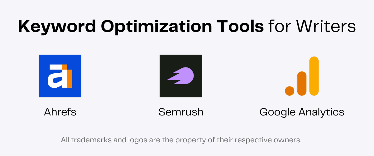 Logos for Ahrefs, Semrush, and Google Analytics for keyword optimization.